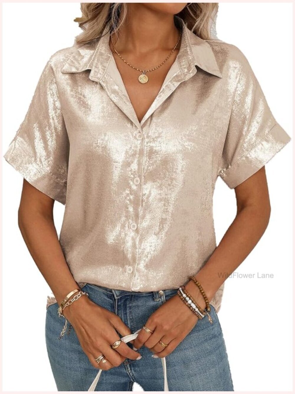Short Sleeve V Neck Satin Blouse for Women Summer Work Top Button Down Tunic